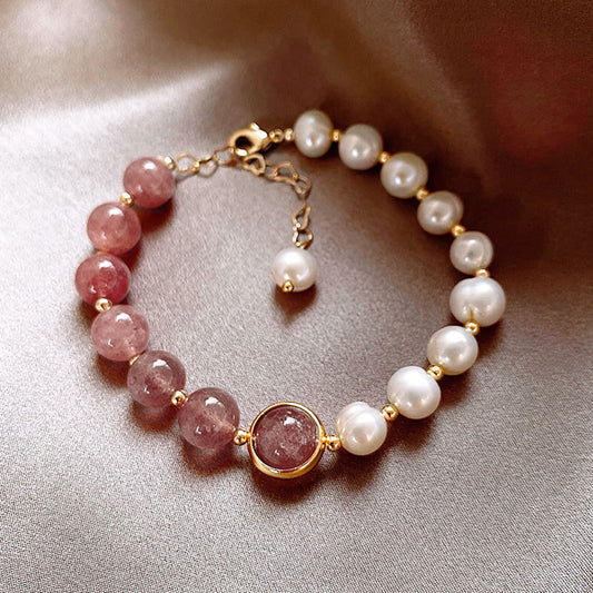 Fresh water pearl & strawberry quartz bracelet