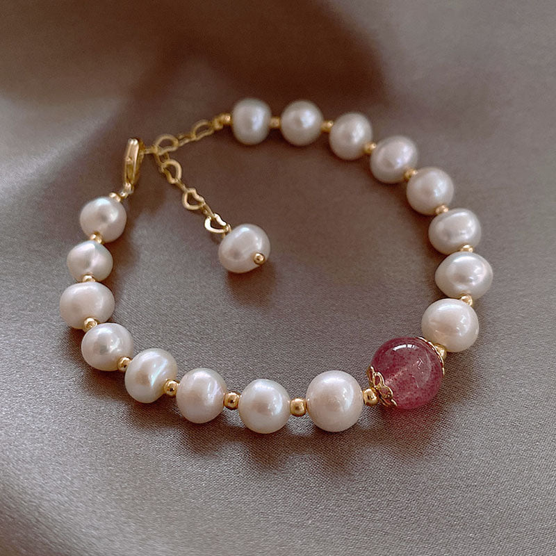 Fresh water pearl & strawberry quartz bracelet